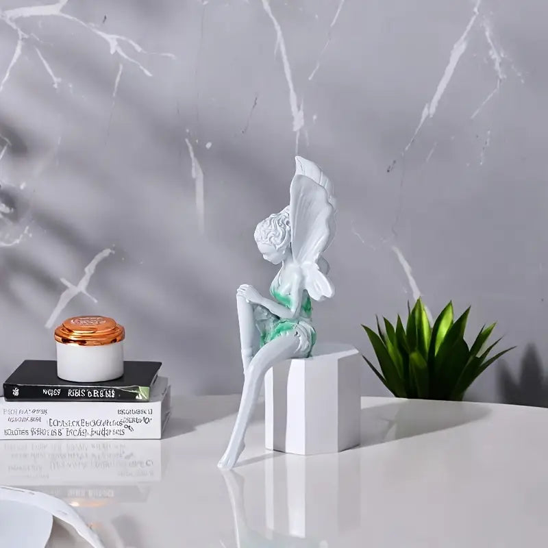 Enchanting Angelic Fairy Resin Statue White Wings & Green Accents