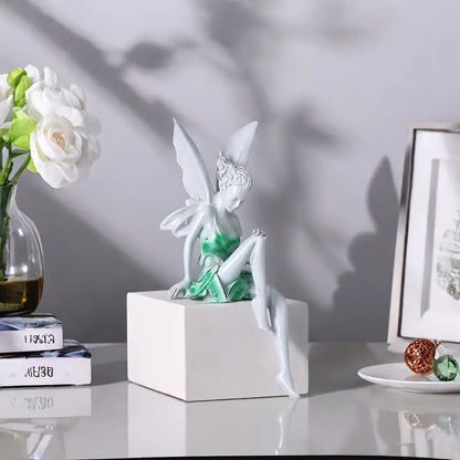 Enchanting Angelic Fairy Resin Statue White Wings & Green Accents