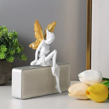 Enchanting Angelic Fairy Resin Statue White Wings & Green Accents