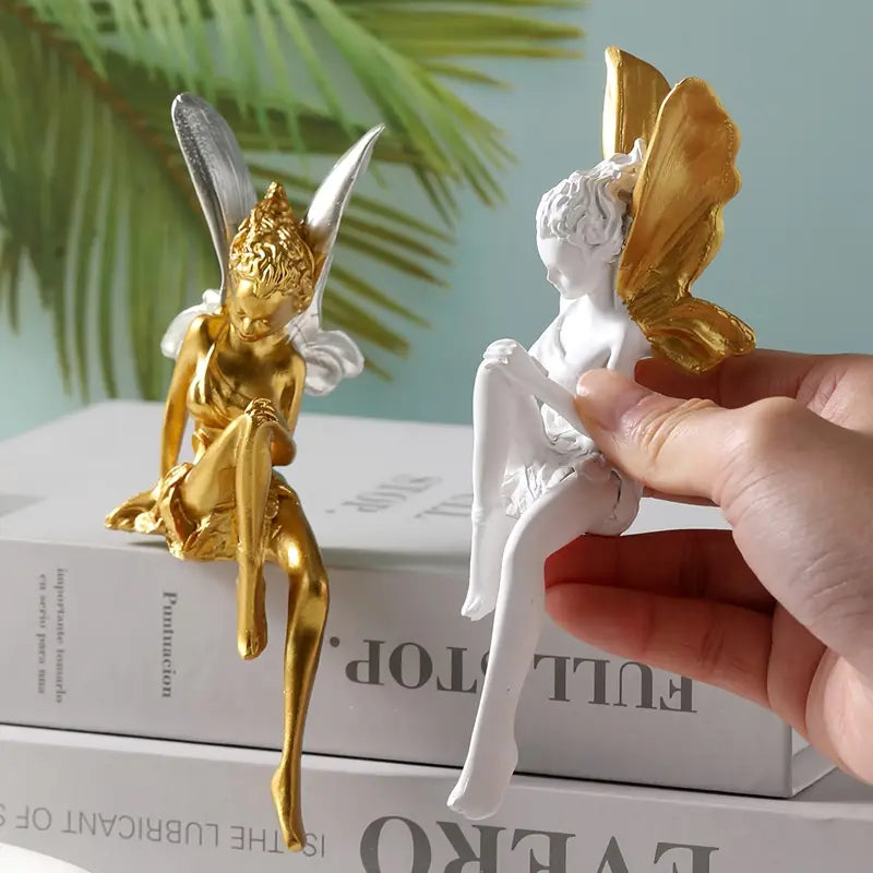 Enchanting Angelic Fairy Resin Statue White Wings & Green Accents