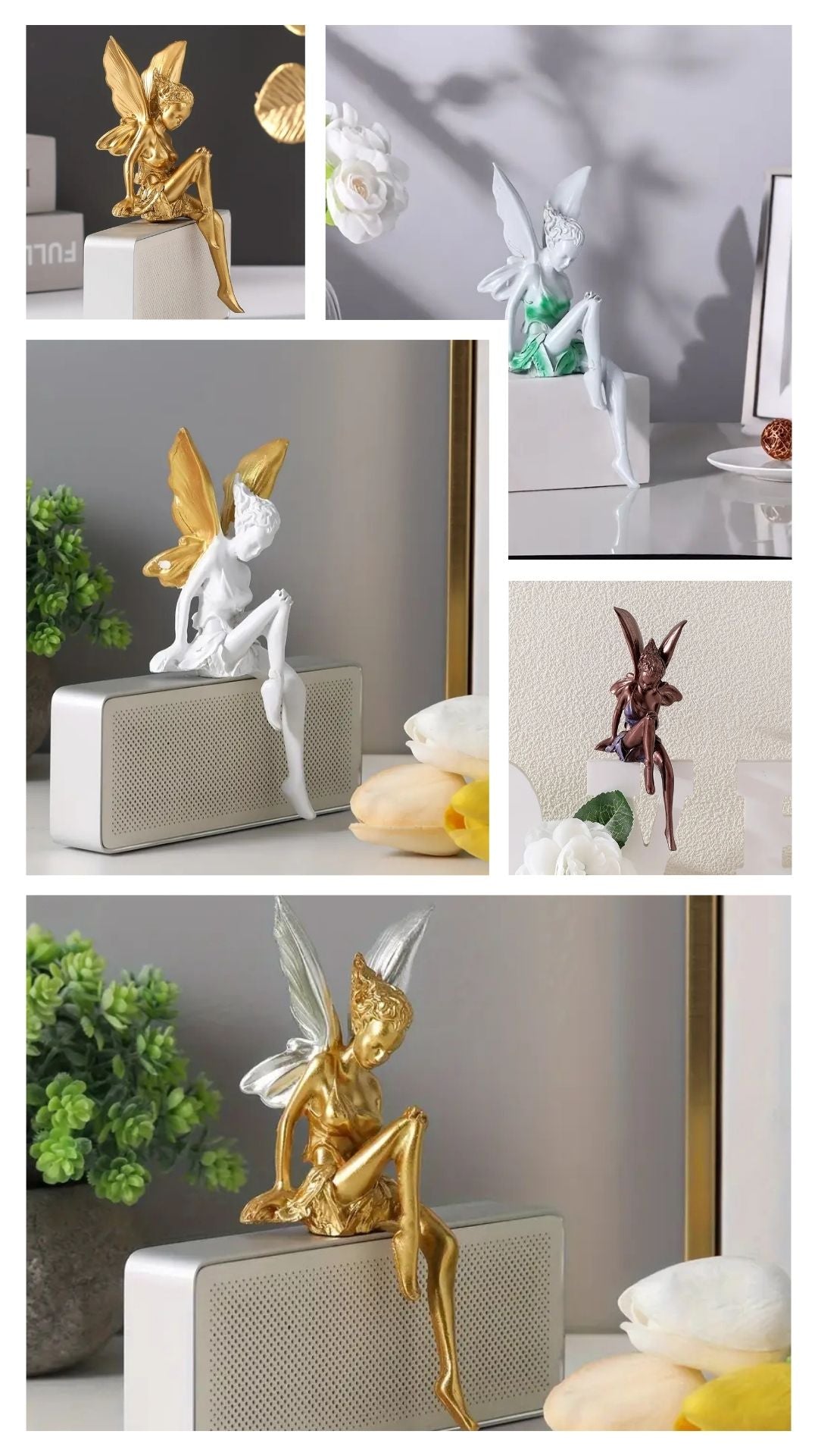 Enchanting Angelic Fairy Resin Statue White Wings & Green Accents