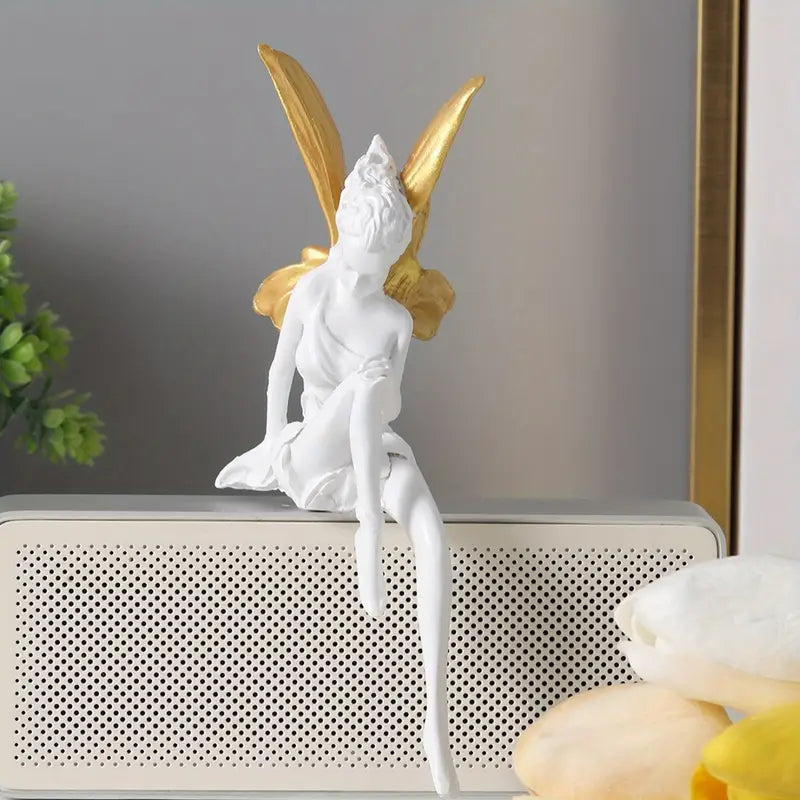 Enchanting Angelic Fairy Resin Statue White Wings & Green Accents