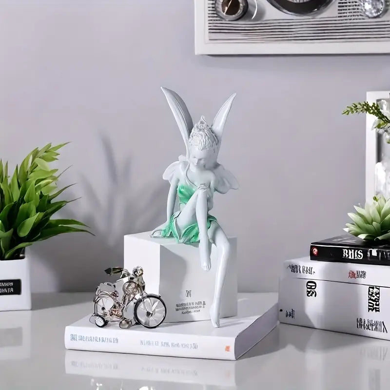 Enchanting Angelic Fairy Resin Statue White Wings & Green Accents